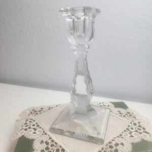 Vintage Crystal Clear Candlestick, Etching on the Edges, Gorgeous‎ Square Lines